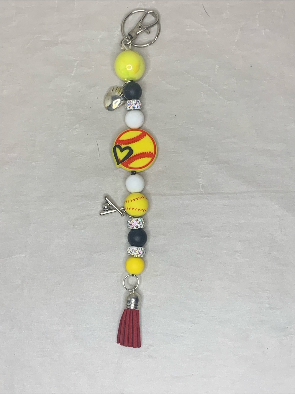 Yellow Softball Bead Keychain with Red Tassel
